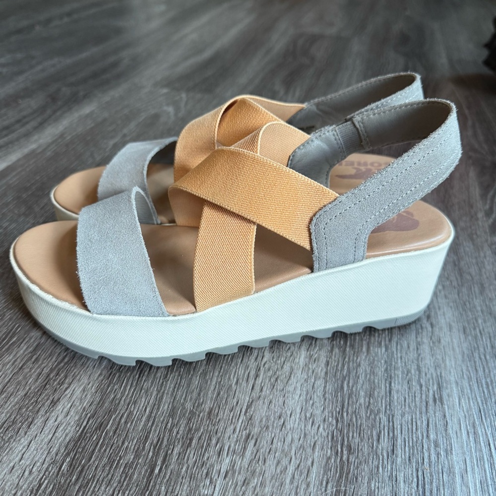 SOREL Cameron Flatform Slingback Sandals Women's 9 Chrome Gray Chalk Wedge